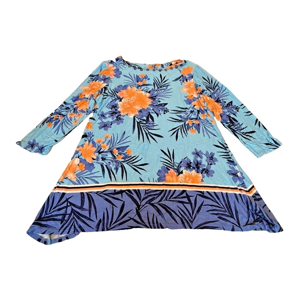 Ruby Rd. Womens 3/4 Sleeve Tropical Print Long A-Line Top Sequins Stretch Medium